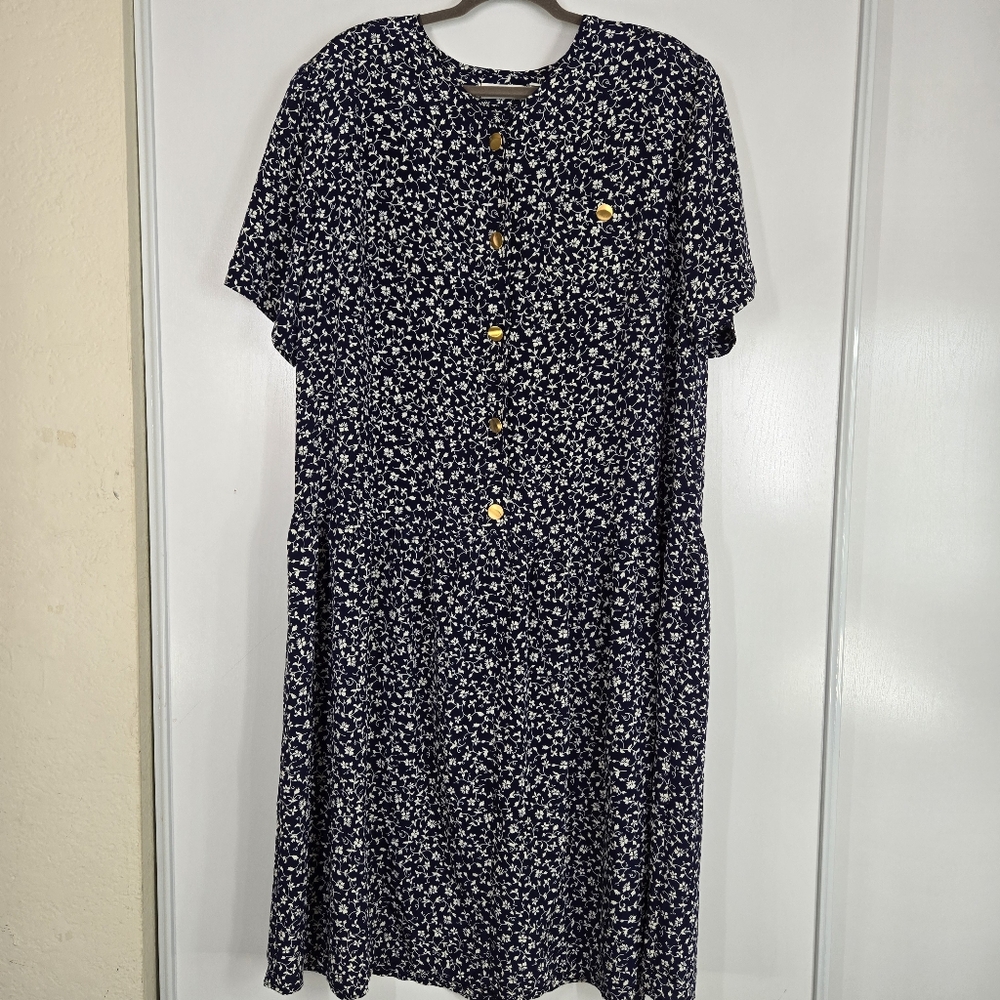 VTG 90S Navy Blue White Floral Print Short Sleeve button Front Midi Dress SZ 18